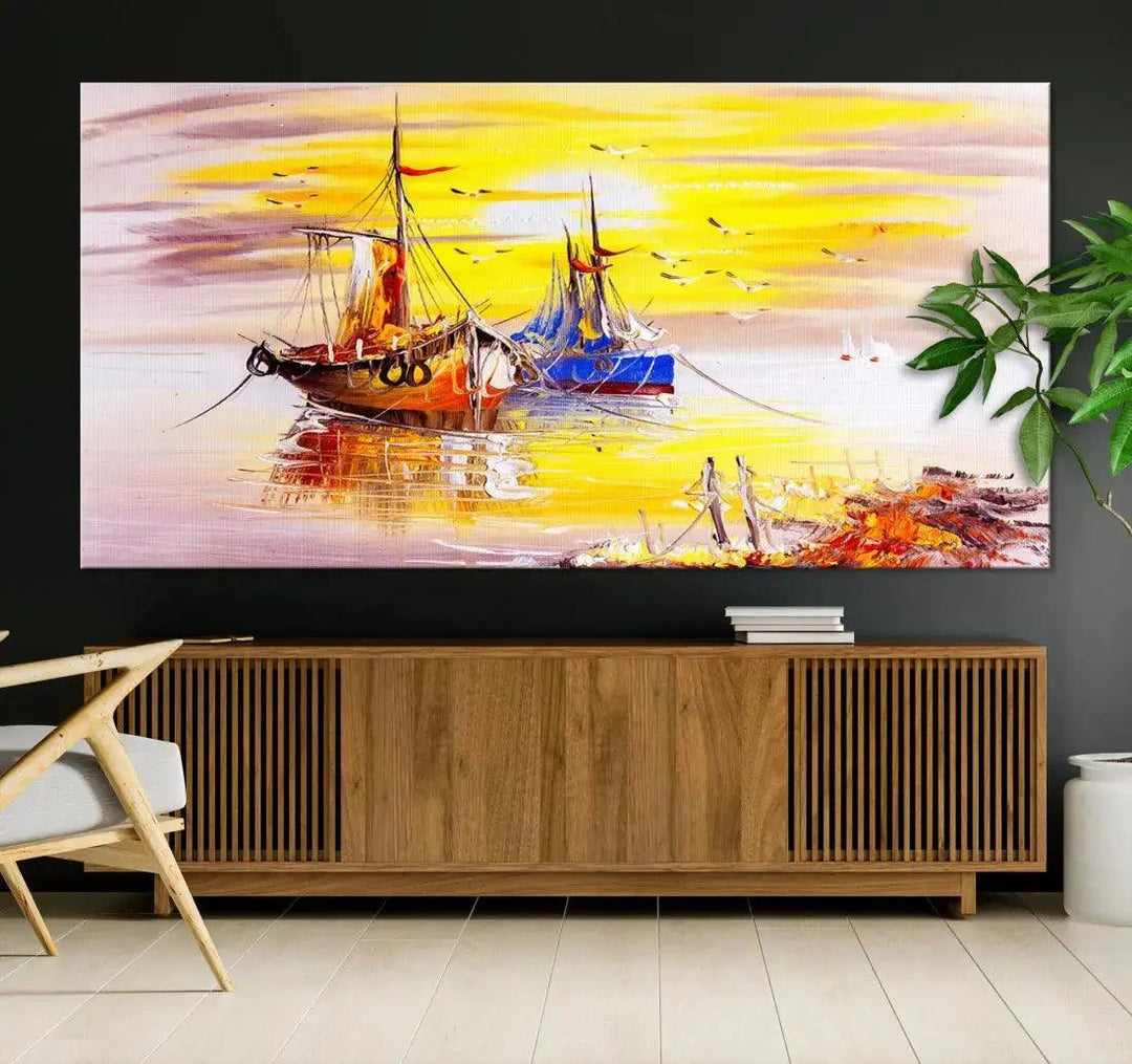 Glamorous Sunset and Boats Oil Painting Large Wall Art Canvas Print