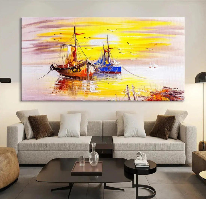 Glamorous Sunset and Boats Oil Painting Large Wall Art Canvas Print