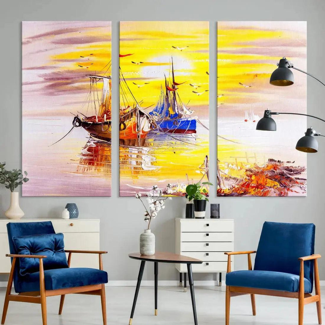 Glamorous Sunset and Boats Oil Painting Large Wall Art Canvas Print