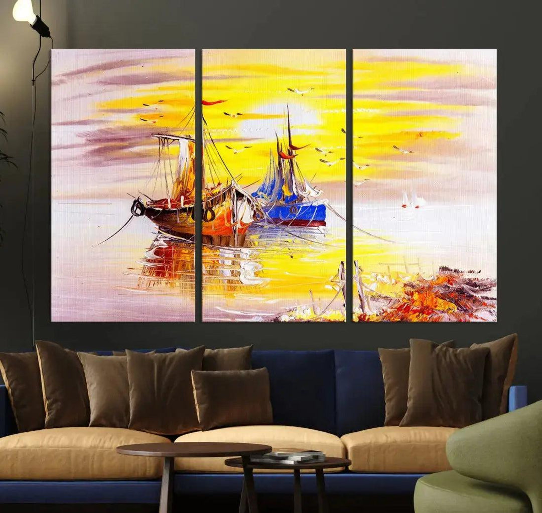 Glamorous Sunset and Boats Oil Painting Large Wall Art Canvas Print