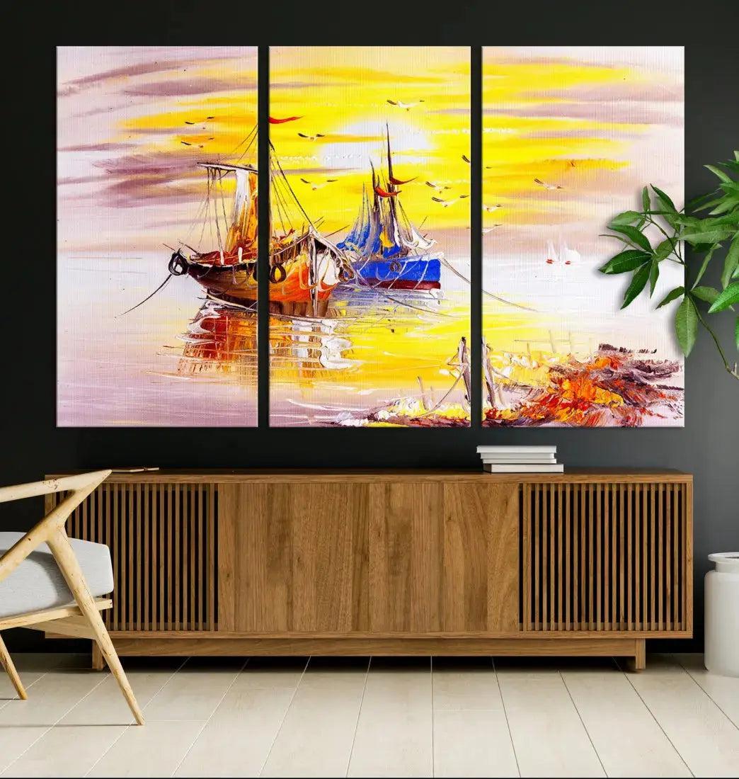 Glamorous Sunset and Boats Oil Painting Large Wall Art Canvas Print