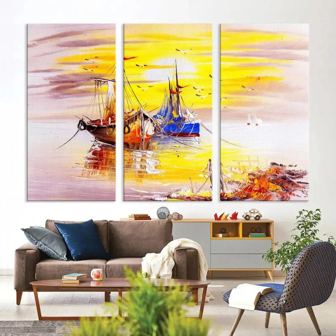 Glamorous Sunset and Boats Oil Painting Large Wall Art Canvas Print