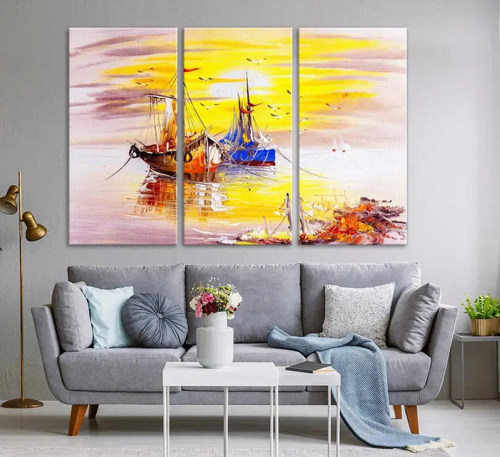 Glamorous Sunset and Boats Oil Painting Large Wall Art Canvas Print