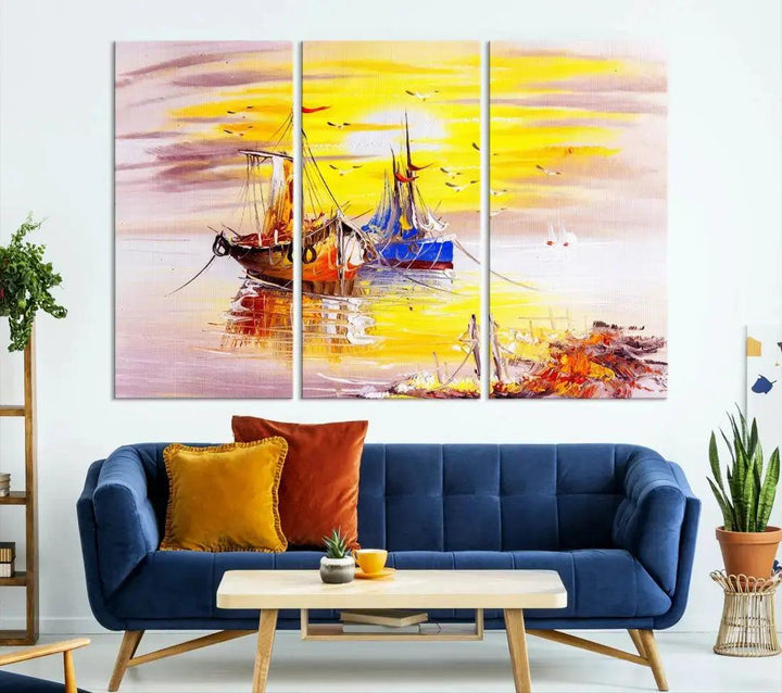 Glamorous Sunset and Boats Oil Painting Large Wall Art Canvas Print