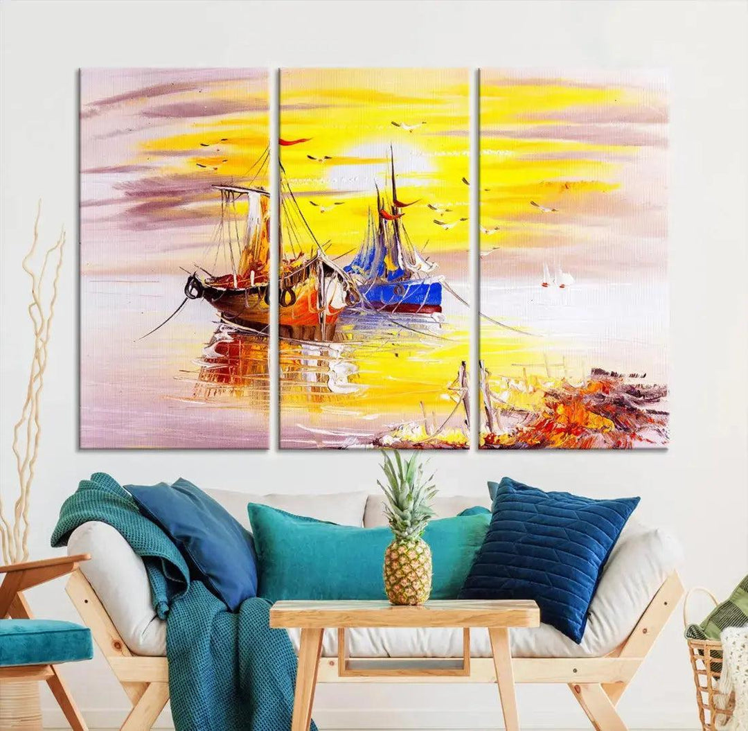 Glamorous Sunset and Boats Oil Painting Large Wall Art Canvas Print