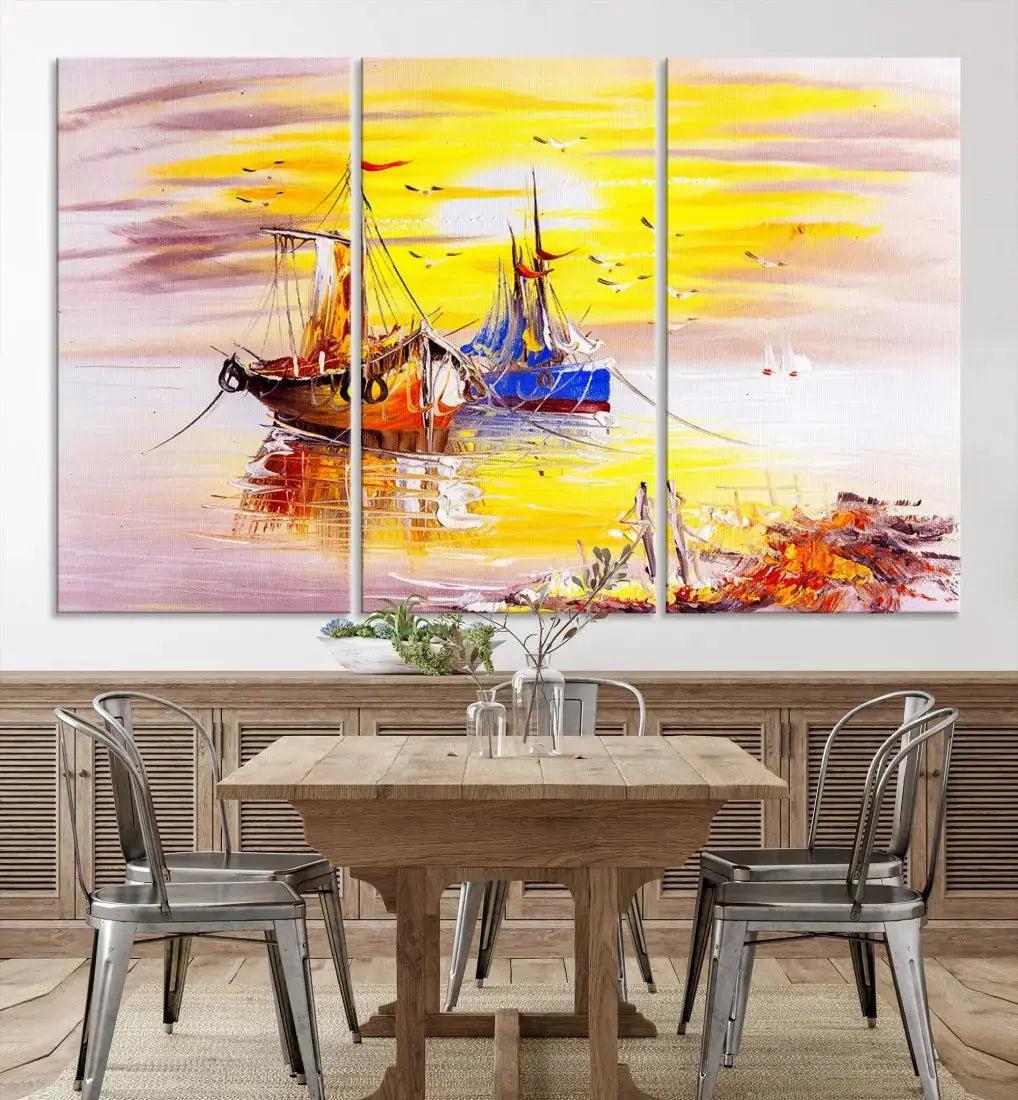 Glamorous Sunset and Boats Oil Painting Large Wall Art Canvas Print