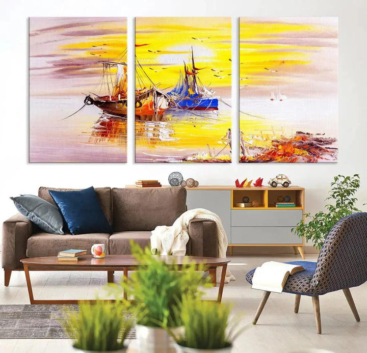 Glamorous Sunset and Boats Oil Painting Large Wall Art Canvas Print