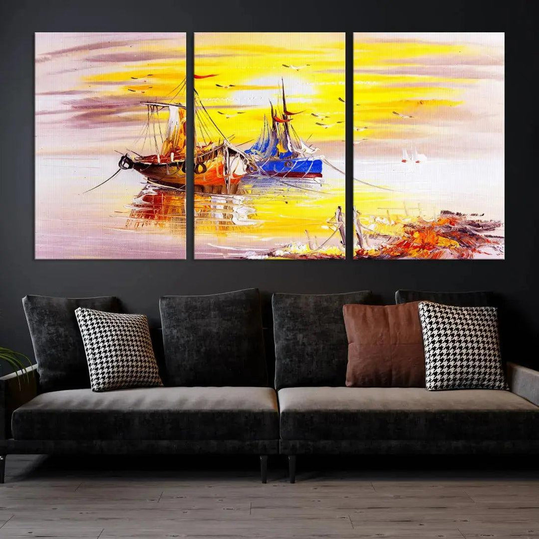 Glamorous Sunset and Boats Oil Painting Large Wall Art Canvas Print