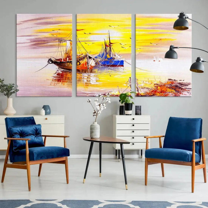 Glamorous Sunset and Boats Oil Painting Large Wall Art Canvas Print