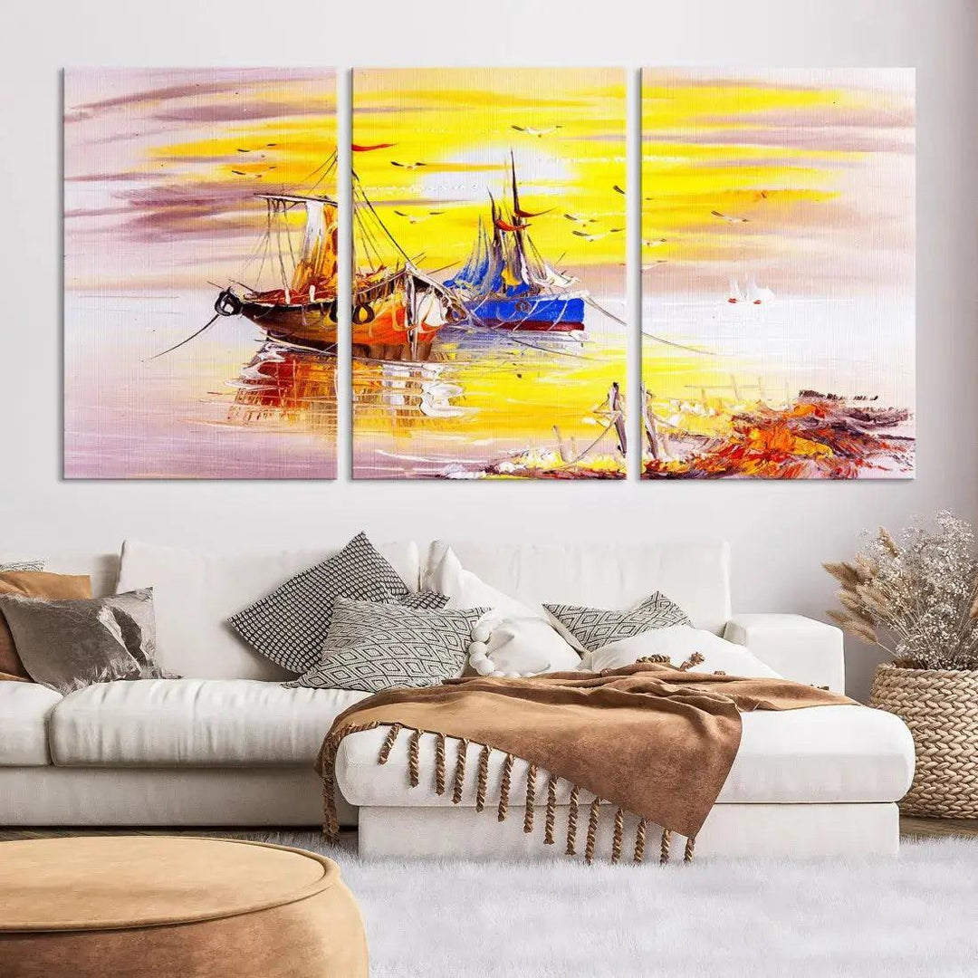 Glamorous Sunset and Boats Oil Painting Large Wall Art Canvas Print