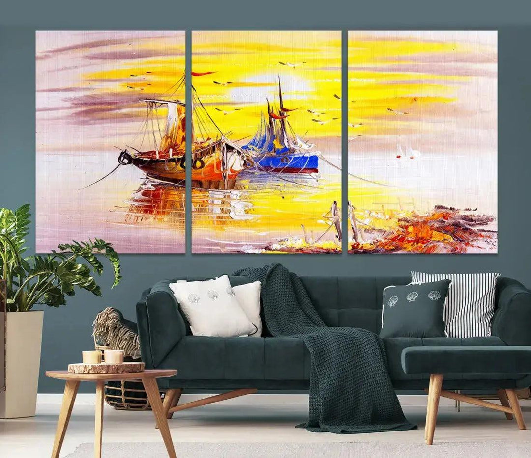 Glamorous Sunset and Boats Oil Painting Large Wall Art Canvas Print