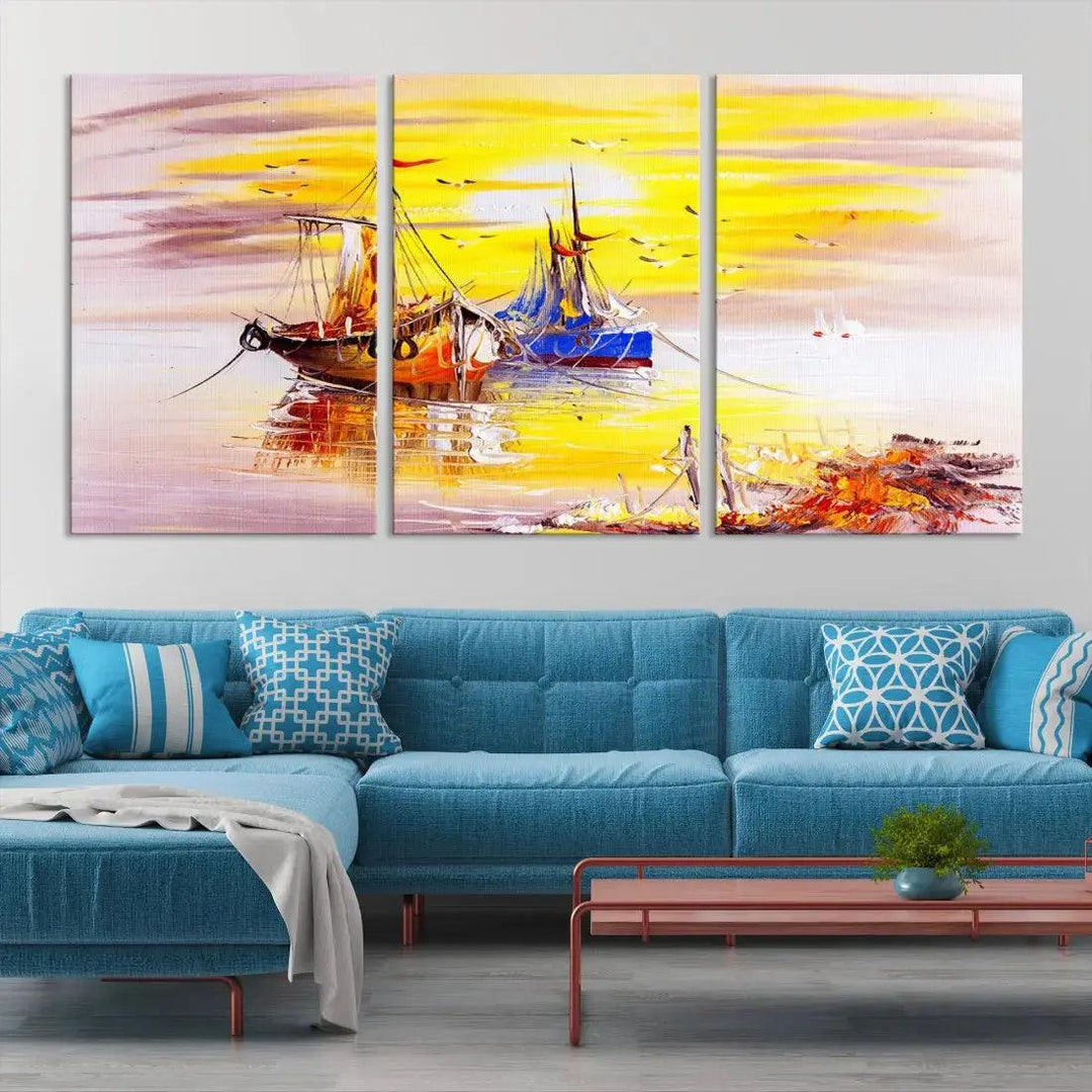 Glamorous Sunset and Boats Oil Painting Large Wall Art Canvas Print