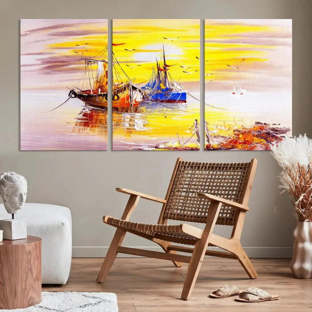 Glamorous Sunset and Boats Oil Painting Large Wall Art Canvas Print