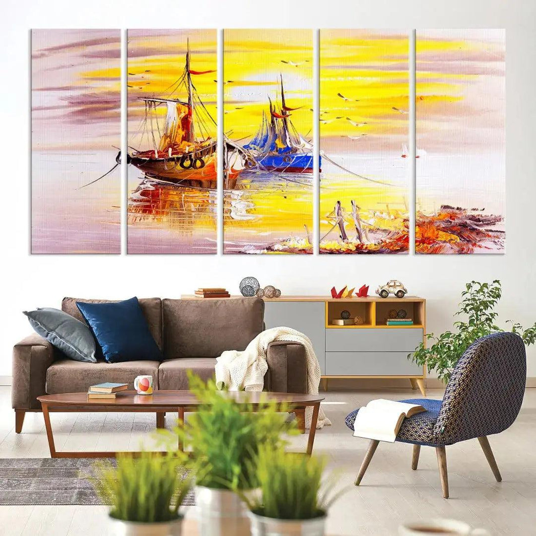 Glamorous Sunset and Boats Oil Painting Large Wall Art Canvas Print