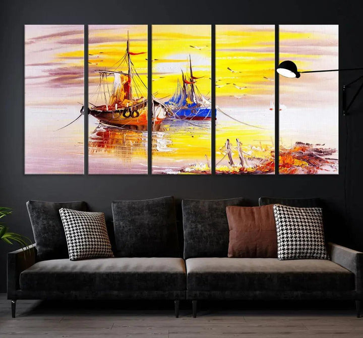 Glamorous Sunset and Boats Oil Painting Large Wall Art Canvas Print