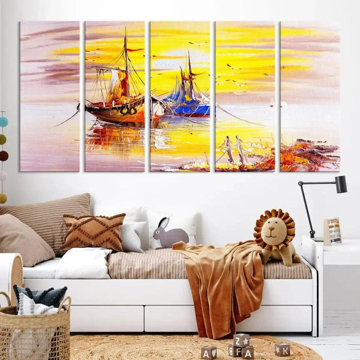 Glamorous Sunset and Boats Oil Painting Large Wall Art Canvas Print