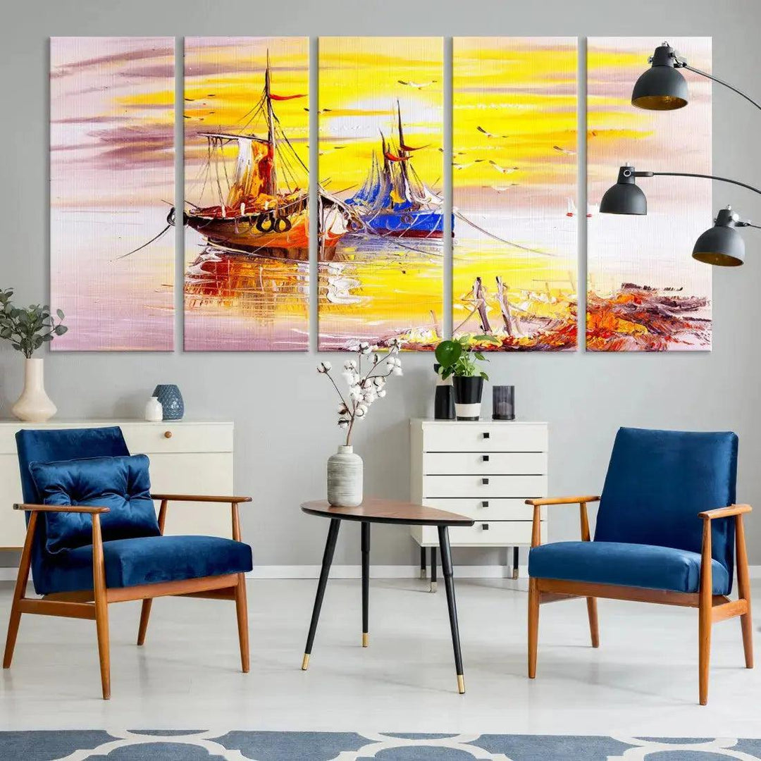 Glamorous Sunset and Boats Oil Painting Large Wall Art Canvas Print