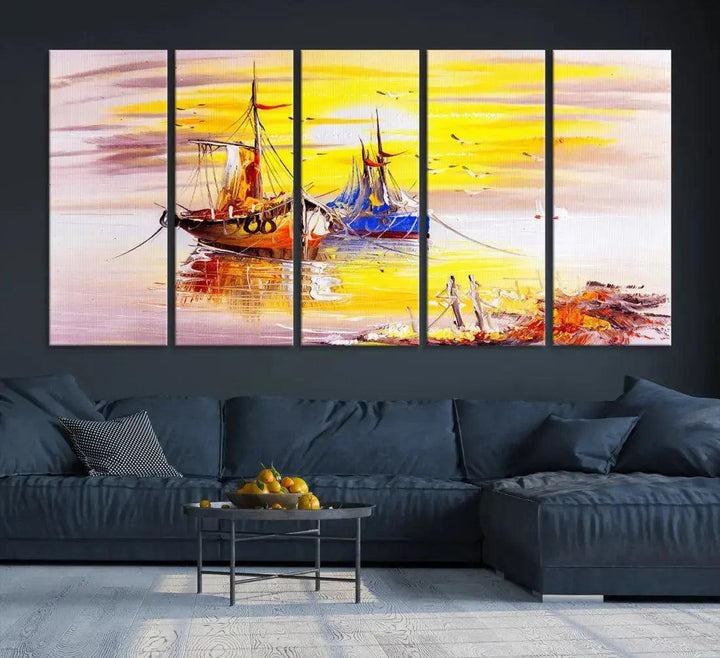 Glamorous Sunset and Boats Oil Painting Large Wall Art Canvas Print