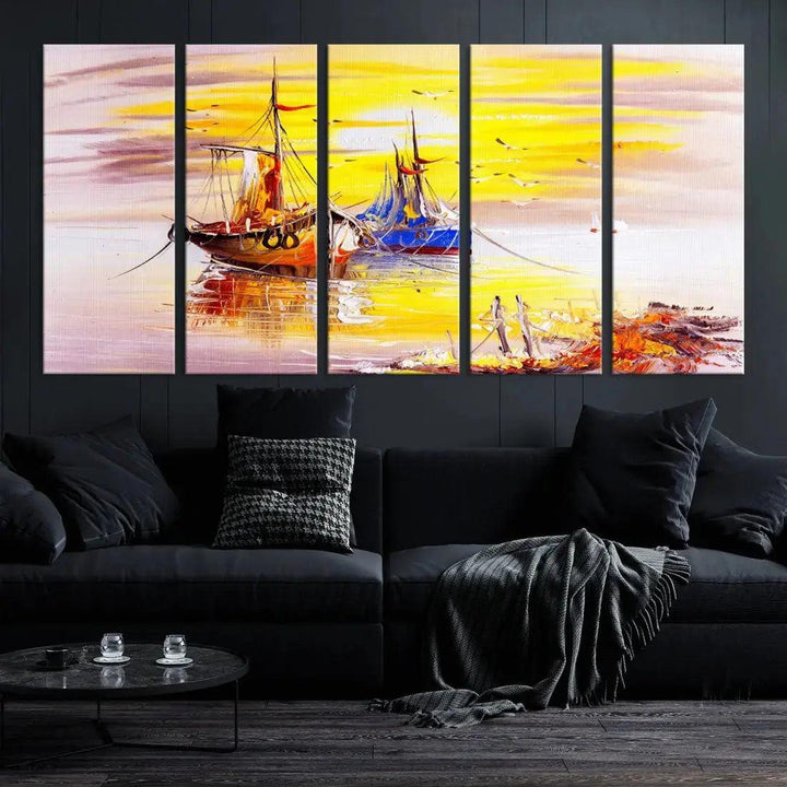 Glamorous Sunset and Boats Oil Painting Large Wall Art Canvas Print