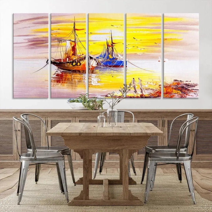 Glamorous Sunset and Boats Oil Painting Large Wall Art Canvas Print