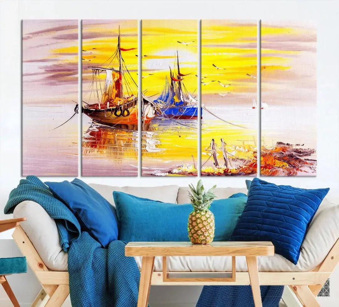 Glamorous Sunset and Boats Oil Painting Large Wall Art Canvas Print