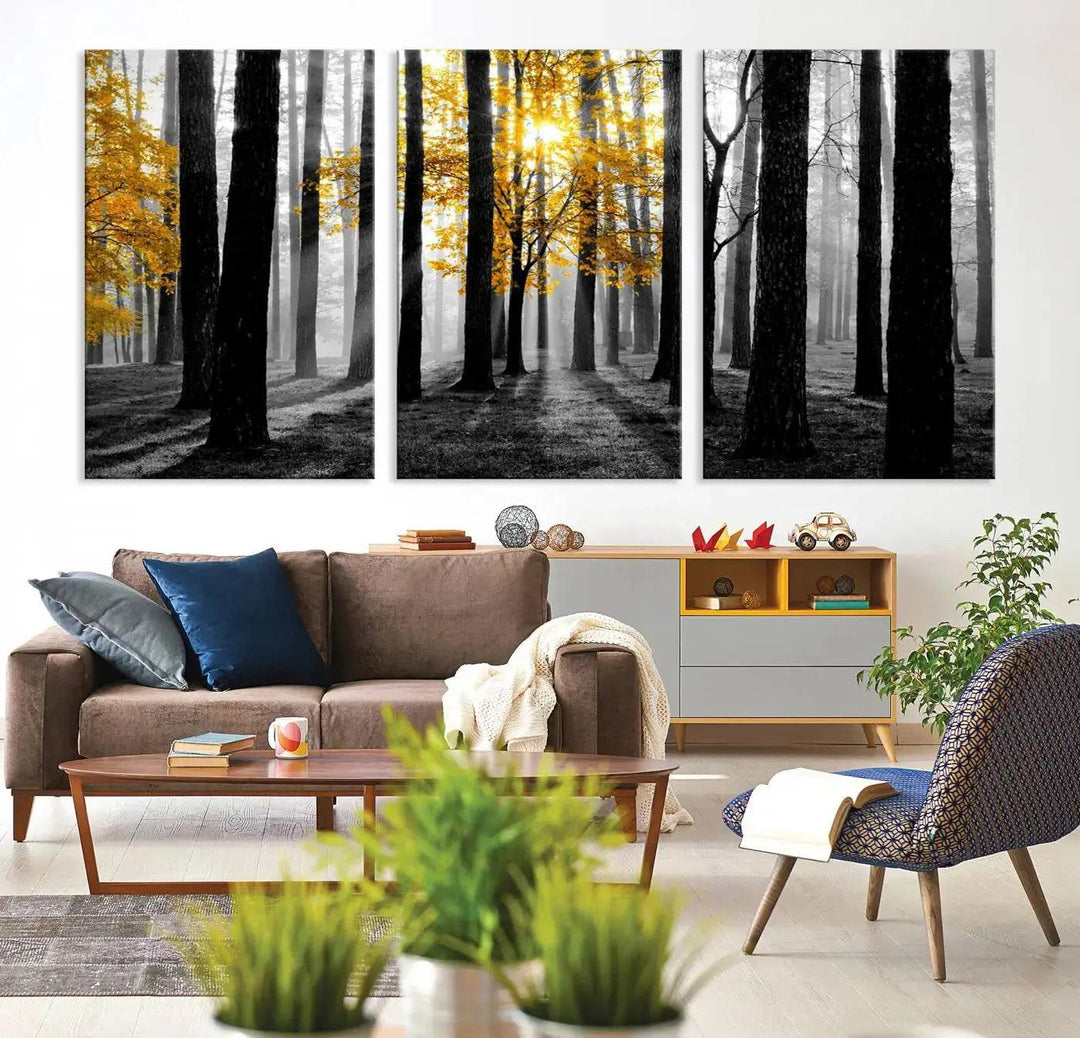 Golden Autumn Forest Canvas Wall Art Print - Black and White Landscape with Vibrant Golden Leaves for Living Room, Modern Nature Decor