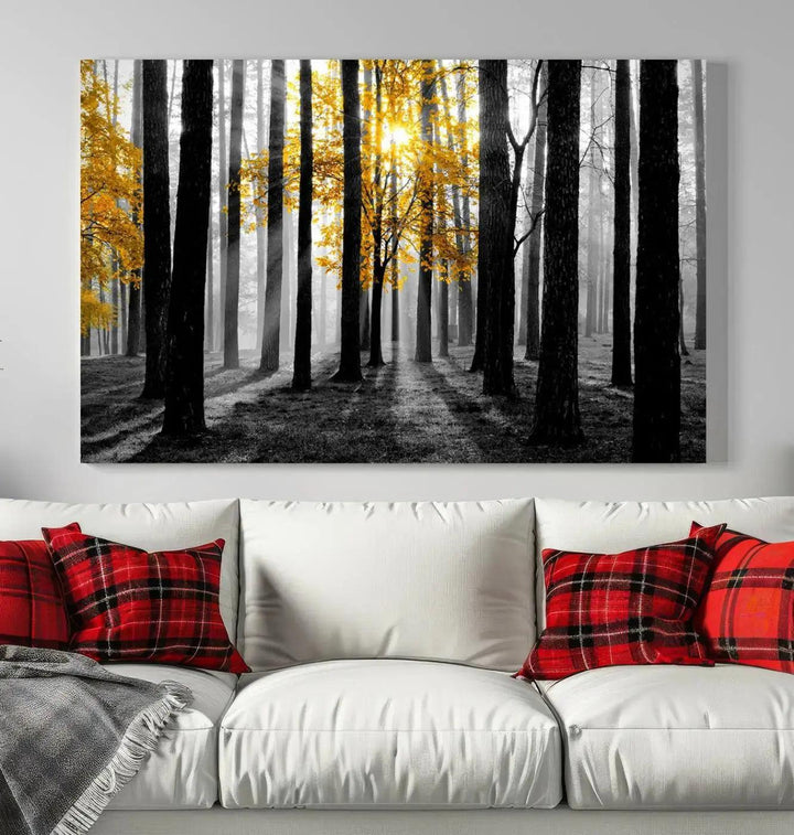 Golden Autumn Forest Canvas Wall Art Print - Black and White Landscape with Vibrant Golden Leaves for Living Room, Modern Nature Decor