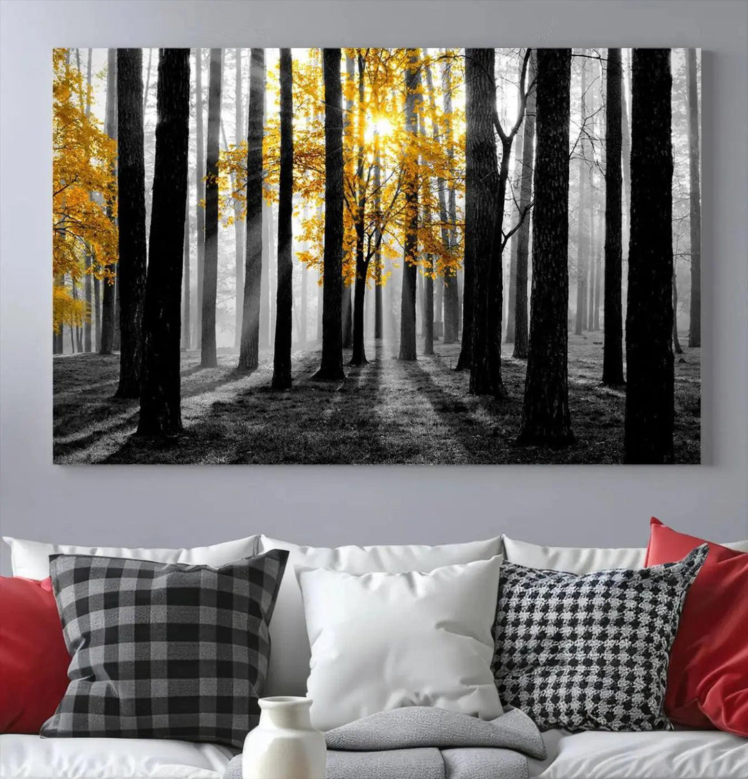 Golden Autumn Forest Canvas Wall Art Print - Black and White Landscape with Vibrant Golden Leaves for Living Room, Modern Nature Decor