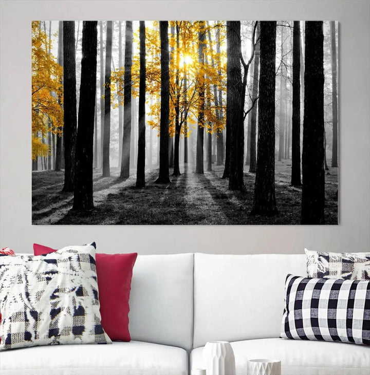 Golden Autumn Forest Canvas Wall Art Print - Black and White Landscape with Vibrant Golden Leaves for Living Room, Modern Nature Decor