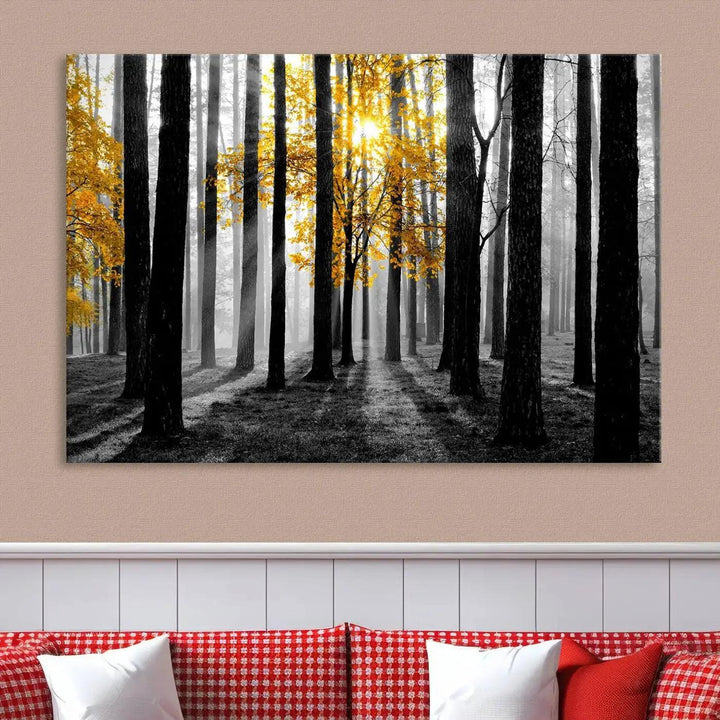 Golden Autumn Forest Canvas Wall Art Print - Black and White Landscape with Vibrant Golden Leaves for Living Room, Modern Nature Decor