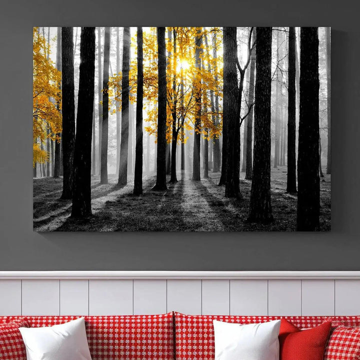 Golden Autumn Forest Canvas Wall Art Print - Black and White Landscape with Vibrant Golden Leaves for Living Room, Modern Nature Decor