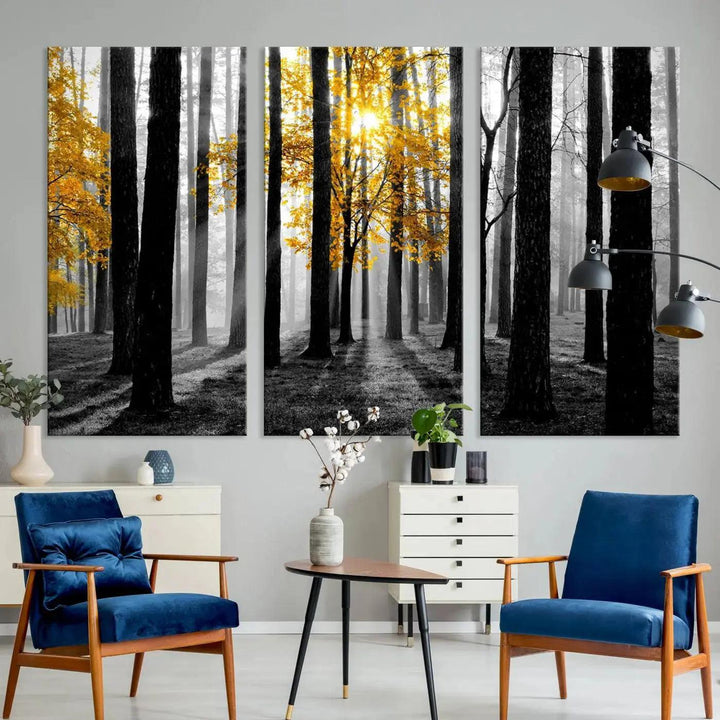 Golden Autumn Forest Canvas Wall Art Print - Black and White Landscape with Vibrant Golden Leaves for Living Room, Modern Nature Decor