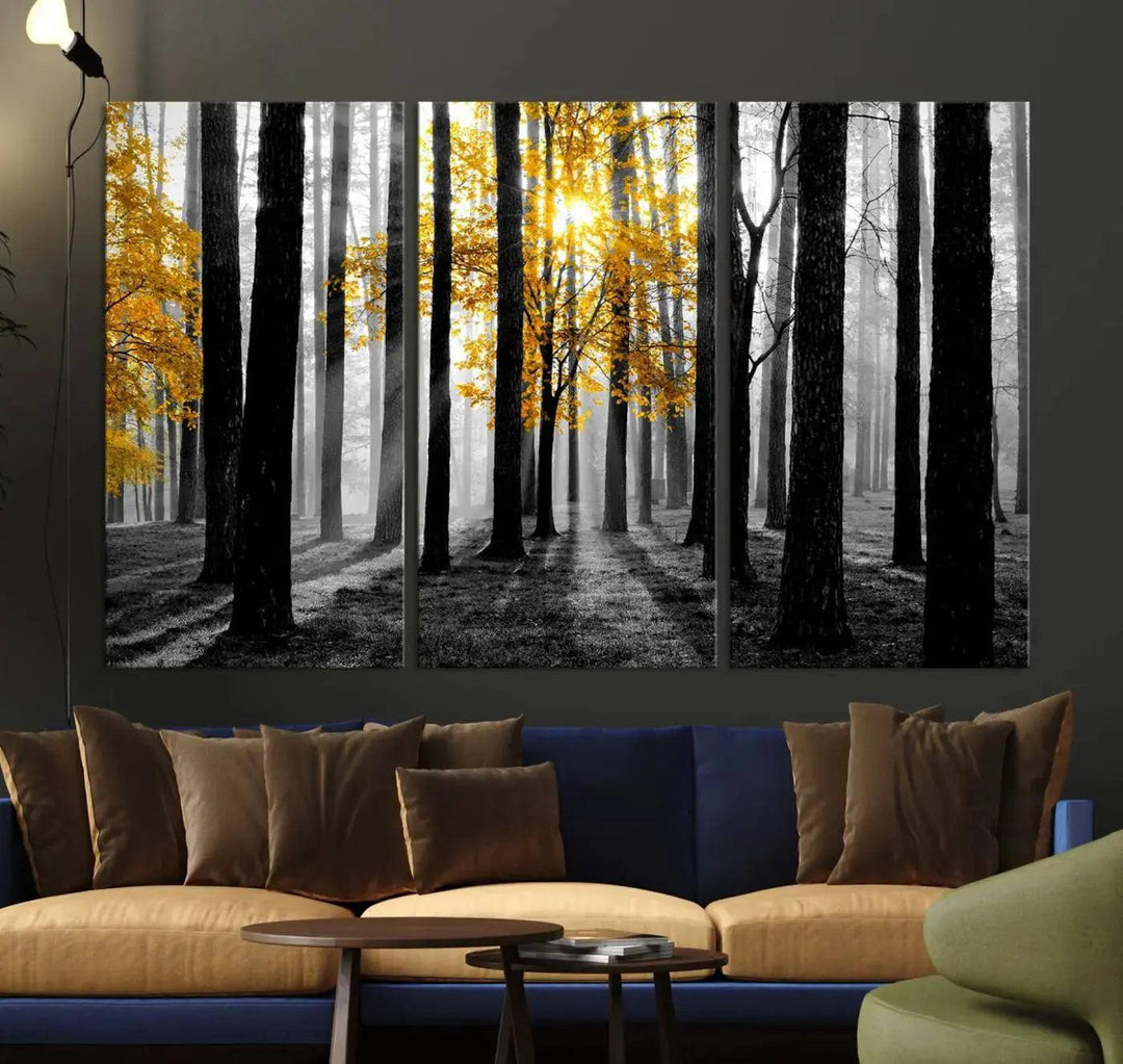 Golden Autumn Forest Canvas Wall Art Print - Black and White Landscape with Vibrant Golden Leaves for Living Room, Modern Nature Decor