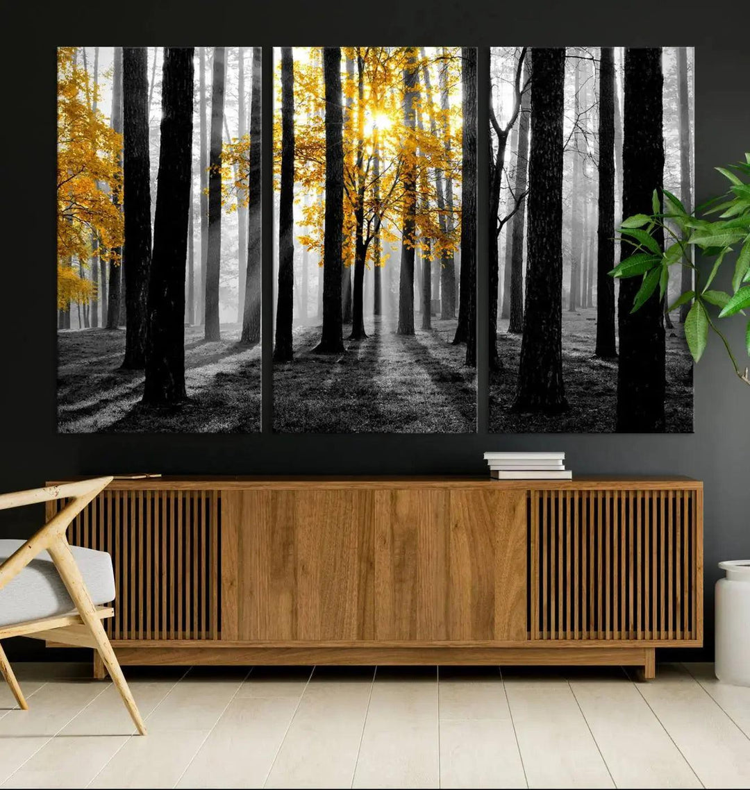 Golden Autumn Forest Canvas Wall Art Print - Black and White Landscape with Vibrant Golden Leaves for Living Room, Modern Nature Decor