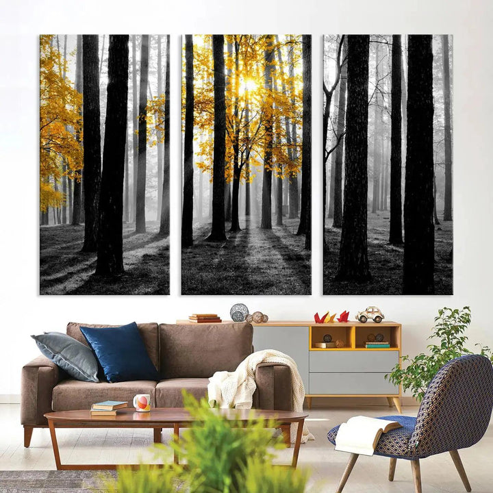 Golden Autumn Forest Canvas Wall Art Print - Black and White Landscape with Vibrant Golden Leaves for Living Room, Modern Nature Decor