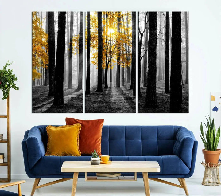 Golden Autumn Forest Canvas Wall Art Print - Black and White Landscape with Vibrant Golden Leaves for Living Room, Modern Nature Decor