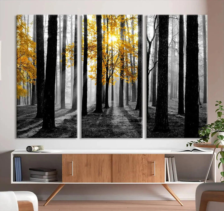 Golden Autumn Forest Canvas Wall Art Print - Black and White Landscape with Vibrant Golden Leaves for Living Room, Modern Nature Decor