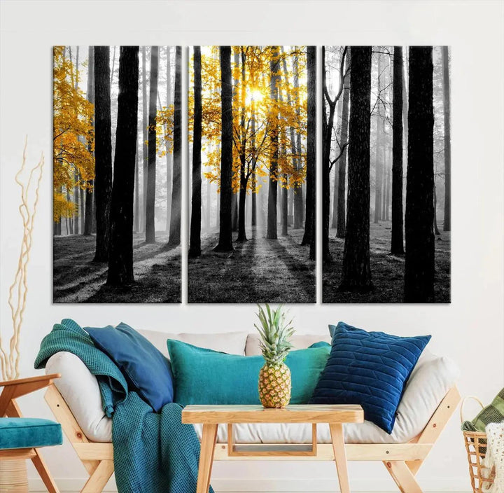 Golden Autumn Forest Canvas Wall Art Print - Black and White Landscape with Vibrant Golden Leaves for Living Room, Modern Nature Decor