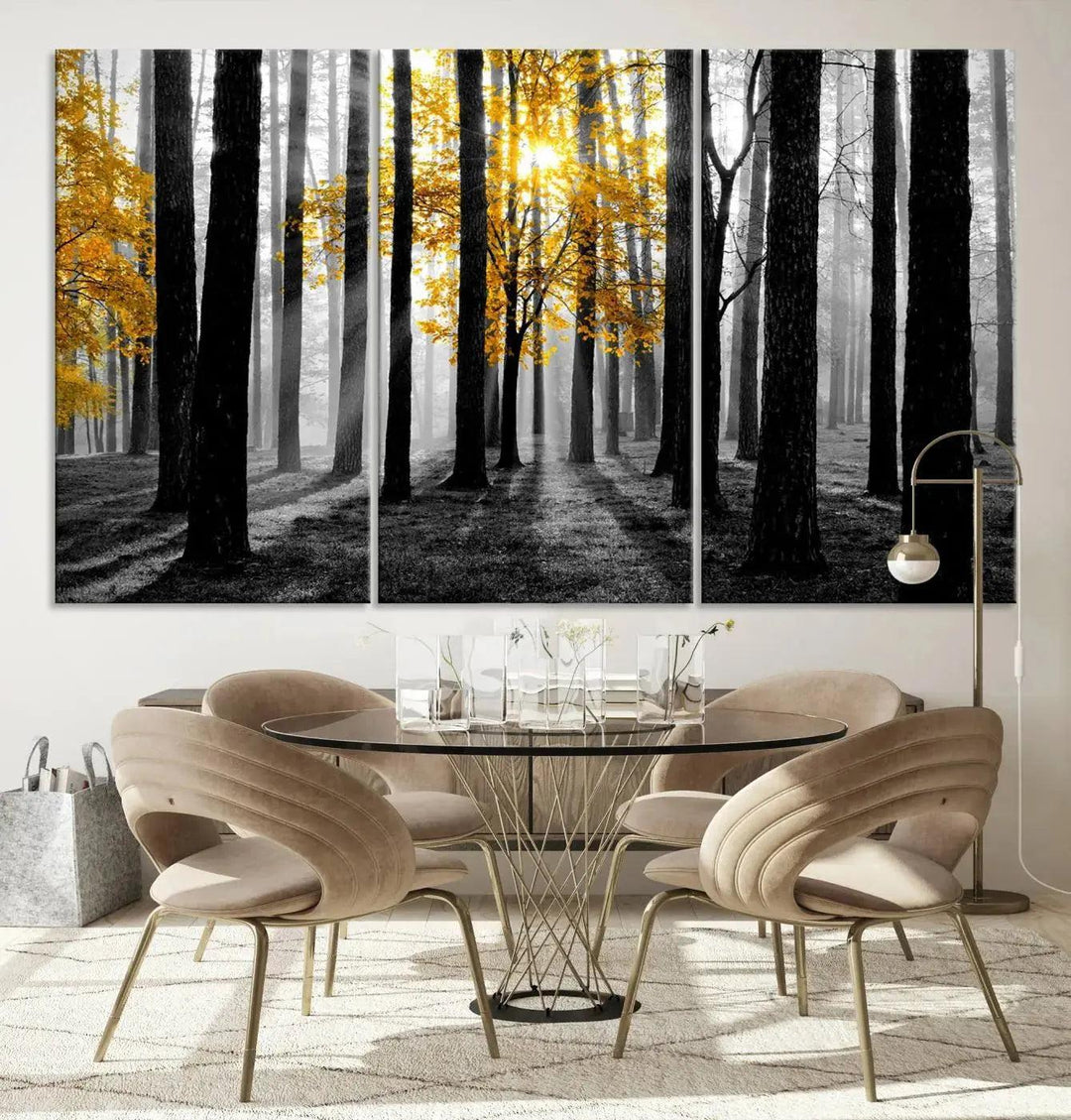 Golden Autumn Forest Canvas Wall Art Print - Black and White Landscape with Vibrant Golden Leaves for Living Room, Modern Nature Decor