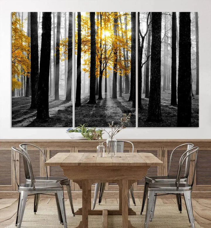 Golden Autumn Forest Canvas Wall Art Print - Black and White Landscape with Vibrant Golden Leaves for Living Room, Modern Nature Decor