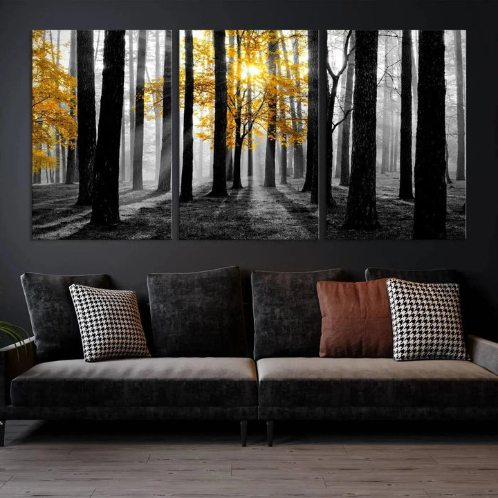 Golden Autumn Forest Canvas Wall Art Print - Black and White Landscape with Vibrant Golden Leaves for Living Room, Modern Nature Decor