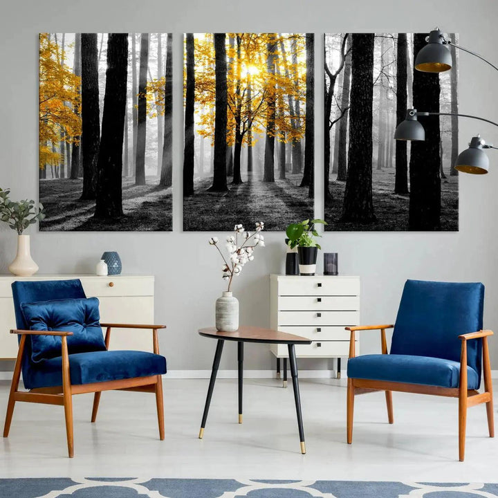 Golden Autumn Forest Canvas Wall Art Print - Black and White Landscape with Vibrant Golden Leaves for Living Room, Modern Nature Decor