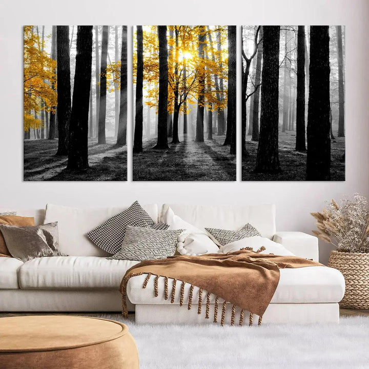 Golden Autumn Forest Canvas Wall Art Print - Black and White Landscape with Vibrant Golden Leaves for Living Room, Modern Nature Decor