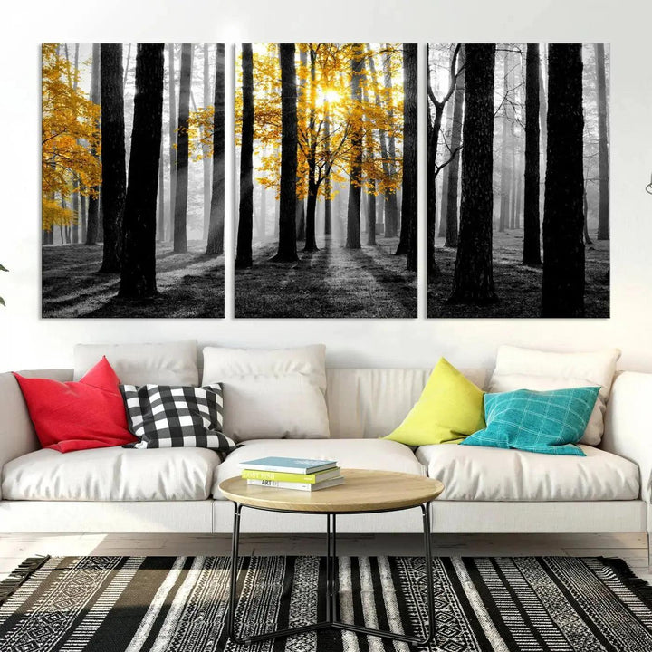 Golden Autumn Forest Canvas Wall Art Print - Black and White Landscape with Vibrant Golden Leaves for Living Room, Modern Nature Decor