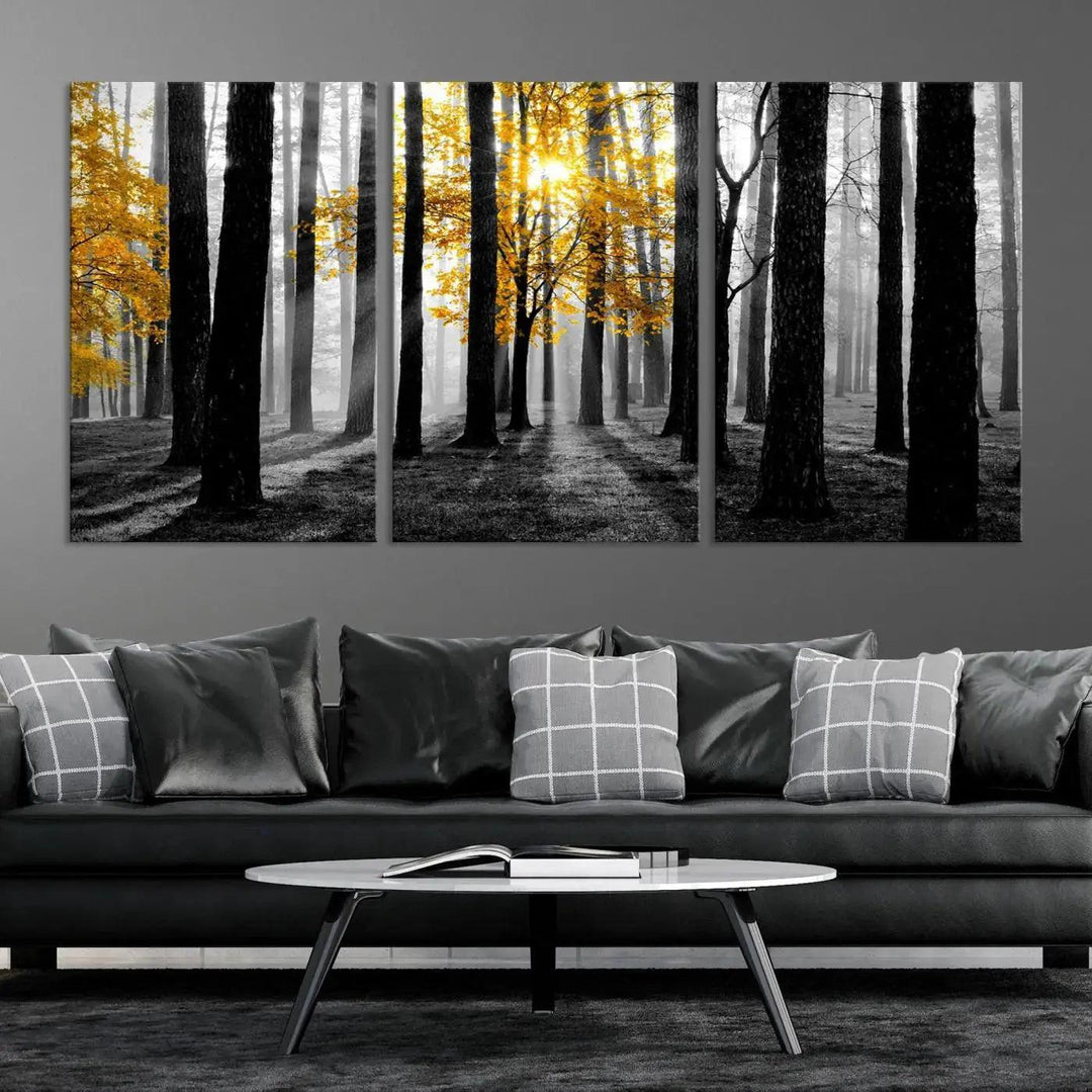 Golden Autumn Forest Canvas Wall Art Print - Black and White Landscape with Vibrant Golden Leaves for Living Room, Modern Nature Decor