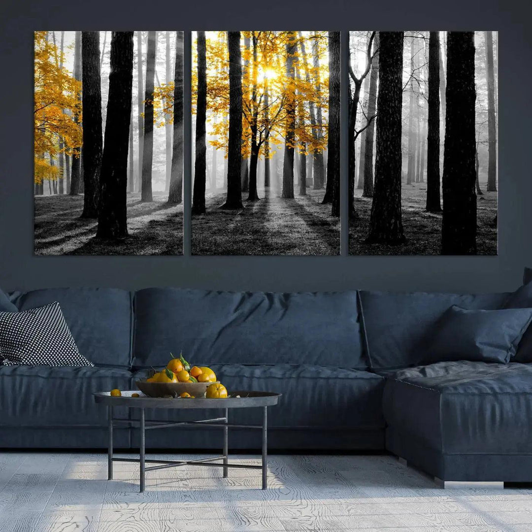 Golden Autumn Forest Canvas Wall Art Print - Black and White Landscape with Vibrant Golden Leaves for Living Room, Modern Nature Decor