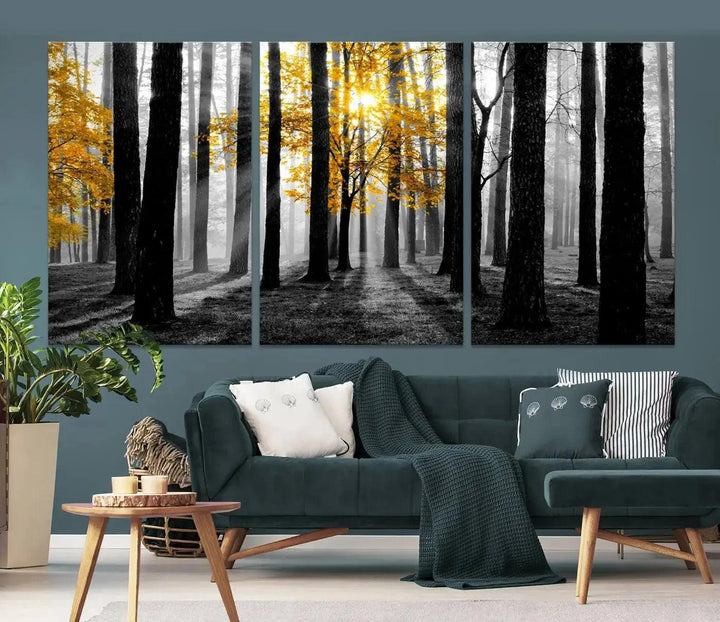 Golden Autumn Forest Canvas Wall Art Print - Black and White Landscape with Vibrant Golden Leaves for Living Room, Modern Nature Decor