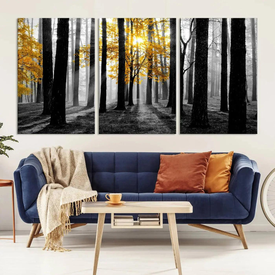 Golden Autumn Forest Canvas Wall Art Print - Black and White Landscape with Vibrant Golden Leaves for Living Room, Modern Nature Decor