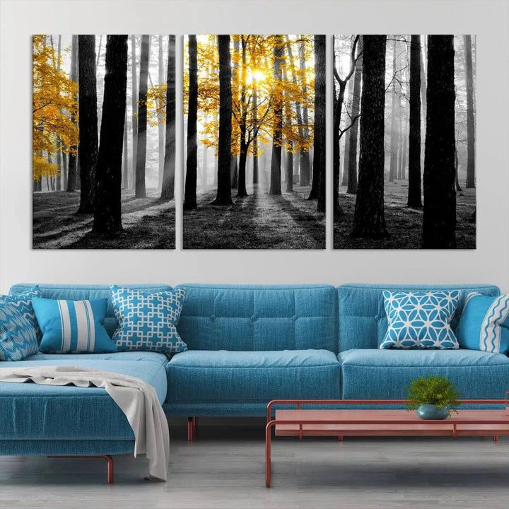 Golden Autumn Forest Canvas Wall Art Print - Black and White Landscape with Vibrant Golden Leaves for Living Room, Modern Nature Decor