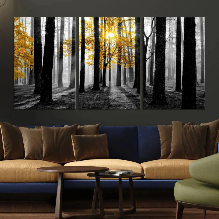 Golden Autumn Forest Canvas Wall Art Print - Black and White Landscape with Vibrant Golden Leaves for Living Room, Modern Nature Decor